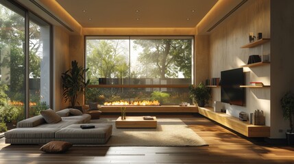  Luxurious modern interior with light veneer parquet flooring and natural lighting. The open and bright design is perfect for high-end residential projects and interior inspiration.