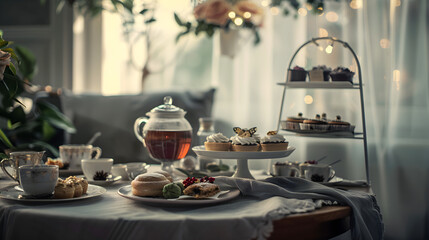 A cozy afternoon tea setting featuring a variety of pastries, tea, and decorative elements, creating a warm and inviting atmosphere