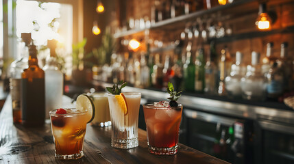Cocktails are beautifully arranged on a wooden bar, showcasing vibrant colors and garnishes, with a warm ambiance created by soft lighting in the background