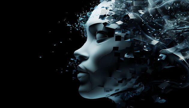 Pixelated 3D human face sculpture with a black backdrop.