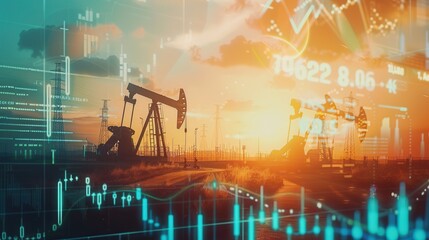 Oil pumps are silhouetted against a sunset, overlaid with financial data charts and rising prices. Generative AI