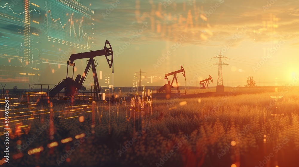 Poster silhouetted oil pumpjacks work in a field at sunset, overlaid with a digital screen showing financia
