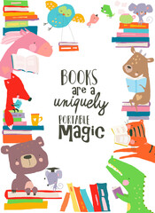 Cute frame composed of animals reading books. Vector illustration