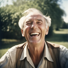 Portrait happy senior man with white hair smiling outdoors. Background is blurred image of trees. Cheerful active pensioner. Cheerful kind grandfather. White teeth, wrinkles on the face and neck. AI.