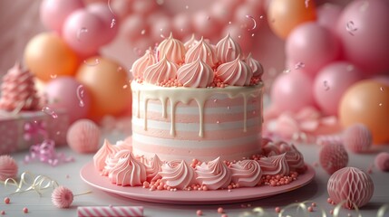 Pink Birthday Cake With Meringue Topping and Balloons