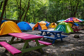 Festive campsite with colorful tents and picnic tables, vibrant outdoor festival space