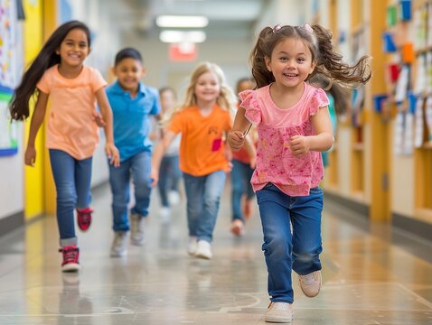 Group of smiling children running energetically through a colorful school hallway, expressing joy and excitement during break time.
