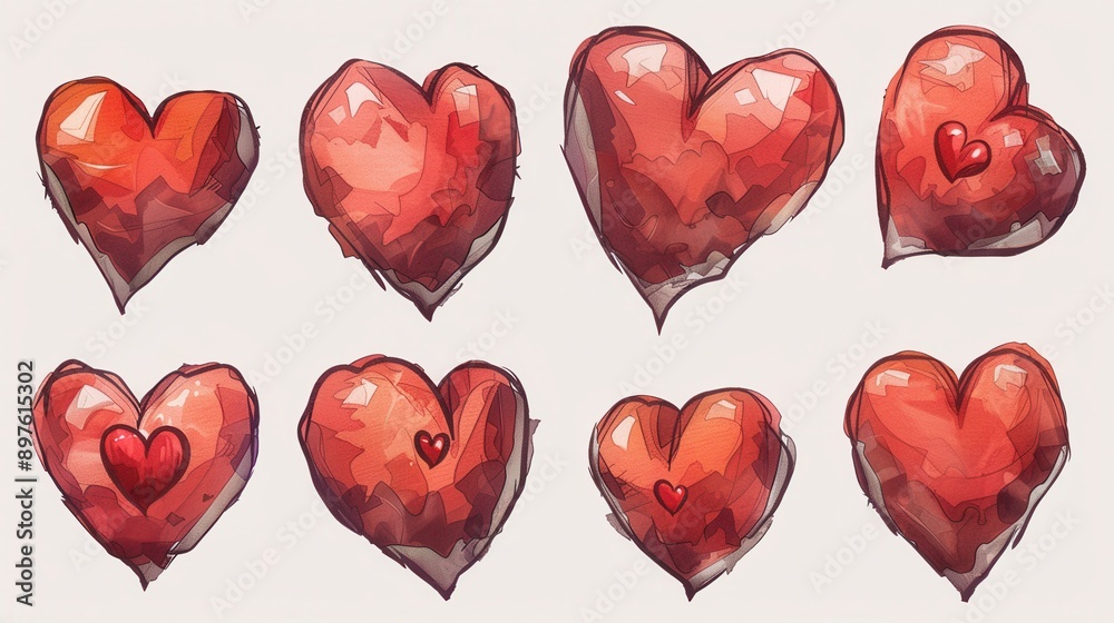Poster A collection of eight red hearts, each illustrated in a different style. Generative AI