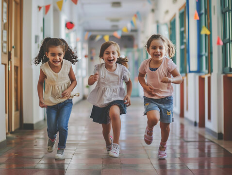 Group of smiling children running energetically through a colorful school hallway, expressing joy and excitement during break time.