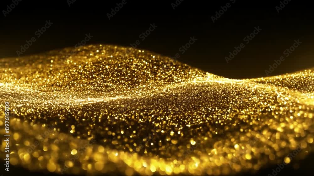 Poster Golden glitter particles create undulating waves against a black background. The light reflects off the particles, creating a shimmering effect.