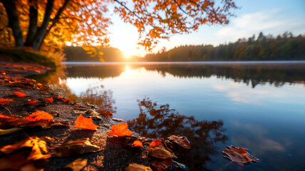 Close up of vibrant orange leaves on the ground reflect the beauty of the setting sun by a serene lake.