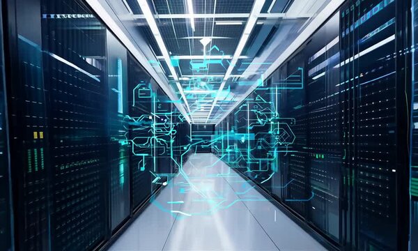 Digital information flows through the network and data servers behind glass panels in the server room of a data center or Internet service provider 4K video