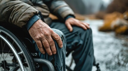 Obraz premium A man wearing a warm jacket and pants sits in a wheelchair by the riverside. The serene and chilly environment suggests a moment of reflection and connection with nature.
