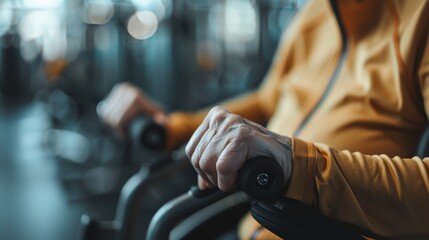 An elderly individual wearing a long sleeve shirt is using a resistance machine in a gym, focusing on maintaining fitness and strength in a health-focused environment.