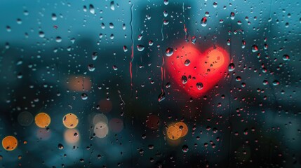 Raindrops on Window Pane with Heart Reflection