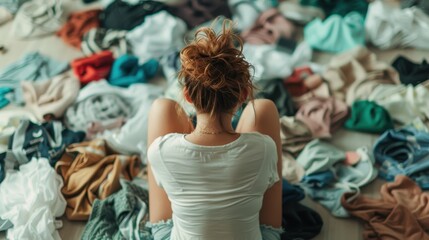 A woman sits on the floor surrounded by a chaotic pile of scattered clothes, viewed from behind. The disorganization of the clothes hints at a cluttered and possibly overwhelming environment.