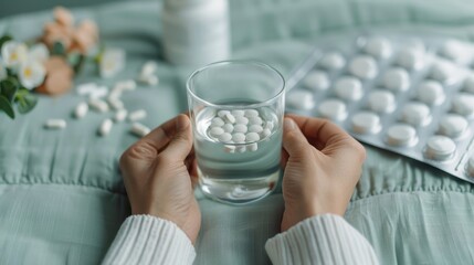 A close-up image showing hands holding a glass of water filled with white capsules, with more medication visible in blister packs nearby on a teal fabric background.