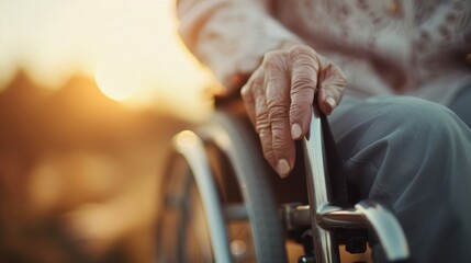 An elderly hand resting on a wheelchair in an outdoor setting, suggesting mobility, independence, and connection to nature during a tranquil sunset moment.