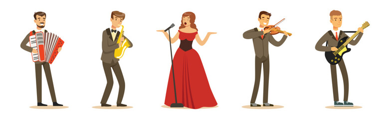 People Musician and Singer Performing on Stage Vector Set