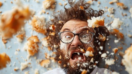 This image features a person lying down with their head surrounded by scattered pieces of bread, highlighting a scene of chaos or creativity involving food elements.