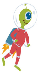 Green alien flying on jetpack. Funny cartoon character