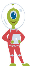 Smiling alien with tablet. Funny space mascot hold gadget