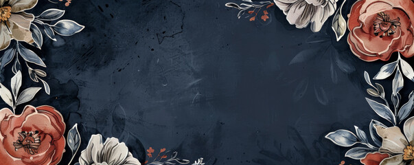 Vintage floral frame intricately hand-drawn on a navy dust background, ideal for adding a touch of elegance to various designs.