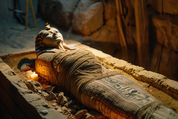 Mummy Unraveling in Dim Tomb with Flickering Candlelight