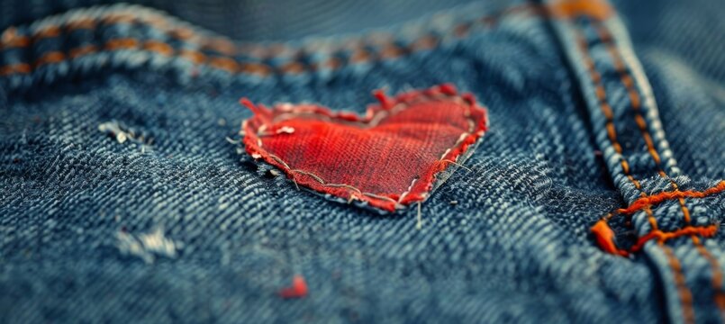 Heart-Shaped Patch on Worn Denim Symbolizing Repair and Resilience for Creative Design and Poster Art