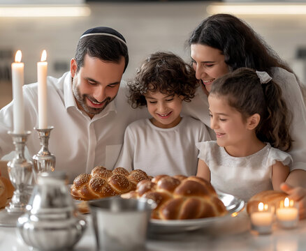 Parents and kids come together for a festive Shabbat dinner, complete with challah bread and glowing candles at the family table