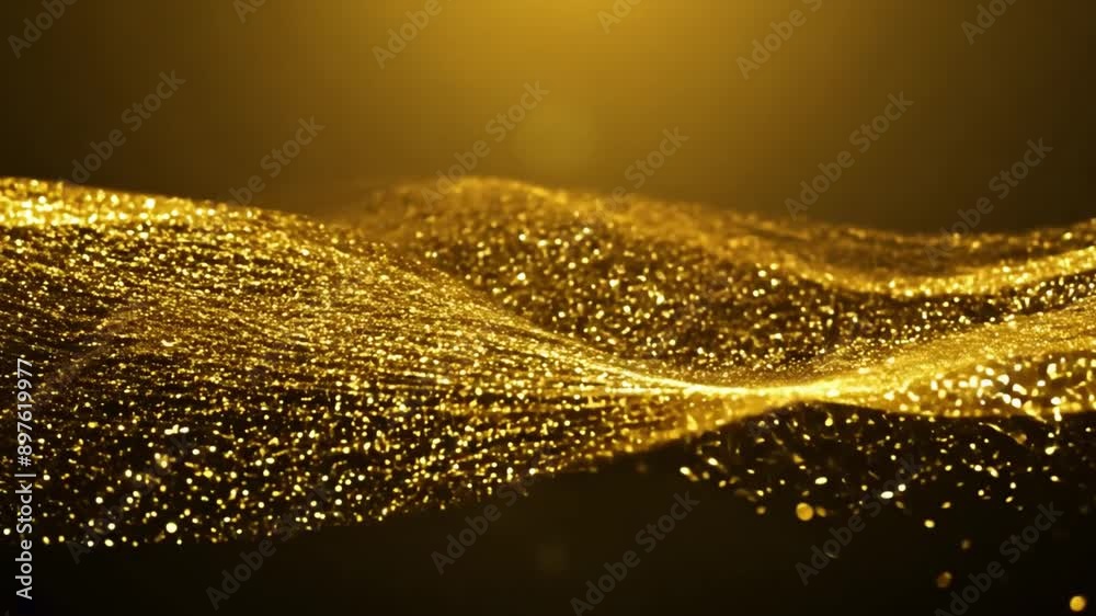 Poster A wave of glowing gold particles creates a shimmering abstract pattern against a dark background.
