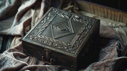 An ornate, locked box with the Illuminati all-seeing eye engraved on the lid, sitting on a velvet cloth.