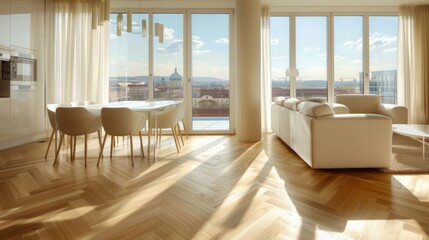 Contemporary living  bright apartment with wood floors and expansive windows for modern lifestyle
