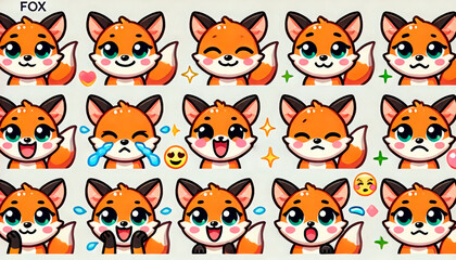 Fototapeta premium Adorable fox-themed sticker set featuring cute fox characters in various poses and expressions with emoticons on a white background. Perfect for children's decor, scrapbooking, and stationery. 