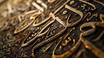 A close-up of the calligraphy art decorating the interior walls of a mosque.