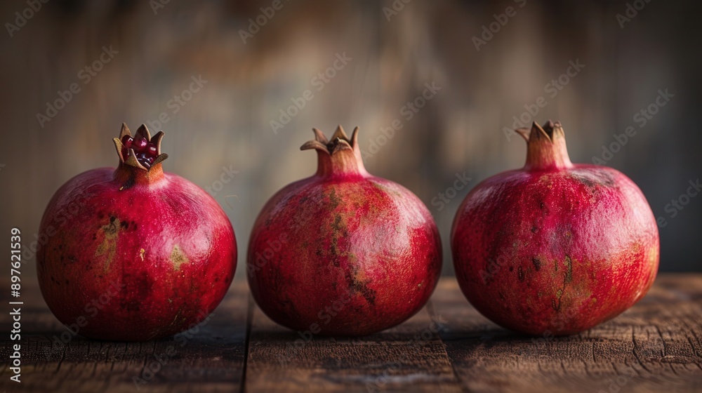 Poster Three ripe pomegranates with visible seeds sit on a rustic wooden surface. Generative AI