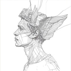 fibonacci style, modern illustration, monochrome, line art, brutal man angel from the side view