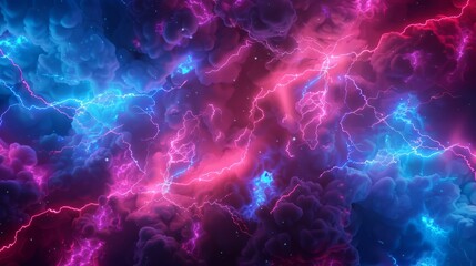 Visual shows lively energy in cosmic setting with neon blue and pink electric storms, and dynamic cosmic clouds