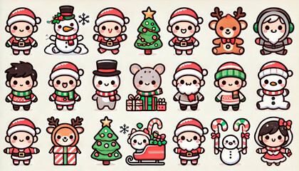 Adorable Christmas-themed sticker set featuring cute characters dressed as Santa, reindeer, and elves, along with Christmas trees, presents, candy canes, and gingerbread houses on a white background. 