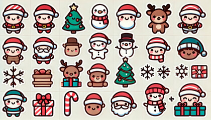 Adorable Christmas-themed sticker set featuring cute characters dressed as Santa, reindeer, and elves, along with Christmas trees, presents, candy canes, and gingerbread houses on a white background. 