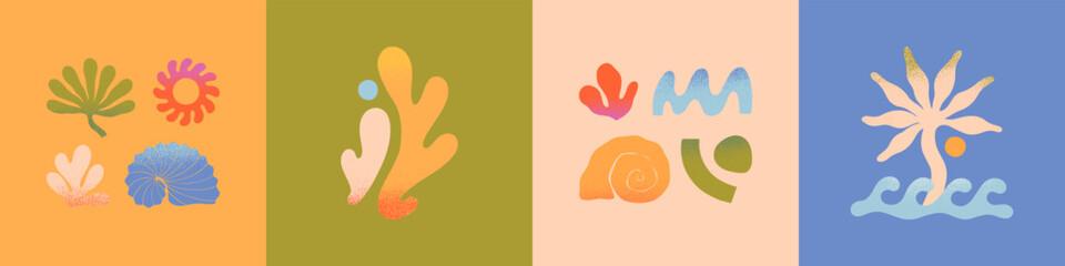 Vector set of abstract summer nature elements.Hand drawn palm,organic form,sun,coral,seashells,waves.Graphic in simple style for banners,smm,branding,packaging, covers,prints.Summer vacation aesthetic
