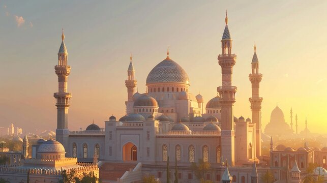 A panoramic view of a mosque complex with multiple domes and minarets, set against a clear sky.