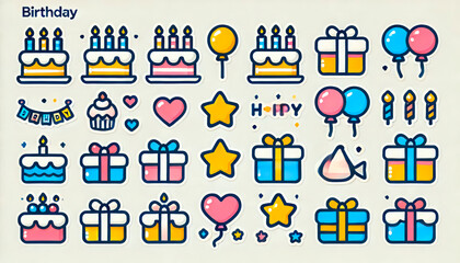 Fototapeta premium Cute birthday-themed sticker set featuring adorable characters with party hats, cakes, presents, balloons, and candles on a white background. Perfect for birthday decorations, scrapbooking, and statio