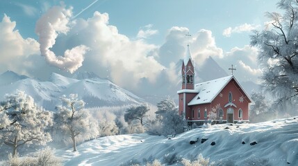 Obraz premium A quaint church nestled in a snowy landscape, with smoke rising from the chimney.