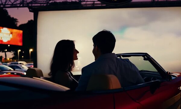 Couple in a convertible car at a drive-in movie theater. 4K video