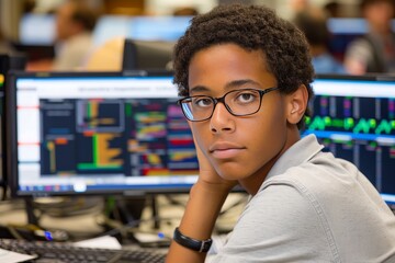 Fototapeta premium African american data analyst demonstrating data flow in business environment with copy space