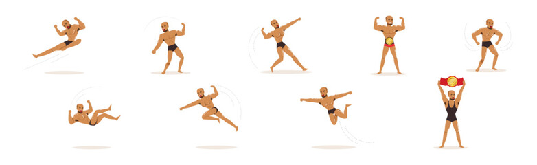 Freestyle Wrestling Fighter In Black Underwear Engaged in Violent Fight Vector Set