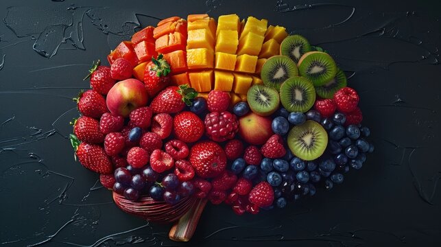 Fruit platter shaped like a brain with mango, kiwi, strawberries, raspberries, and blueberries