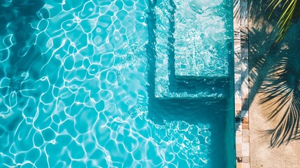 a pool with a palm tree and a blue water
