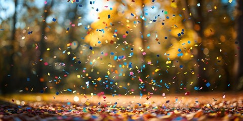 Confetti falls through the air in a forest setting